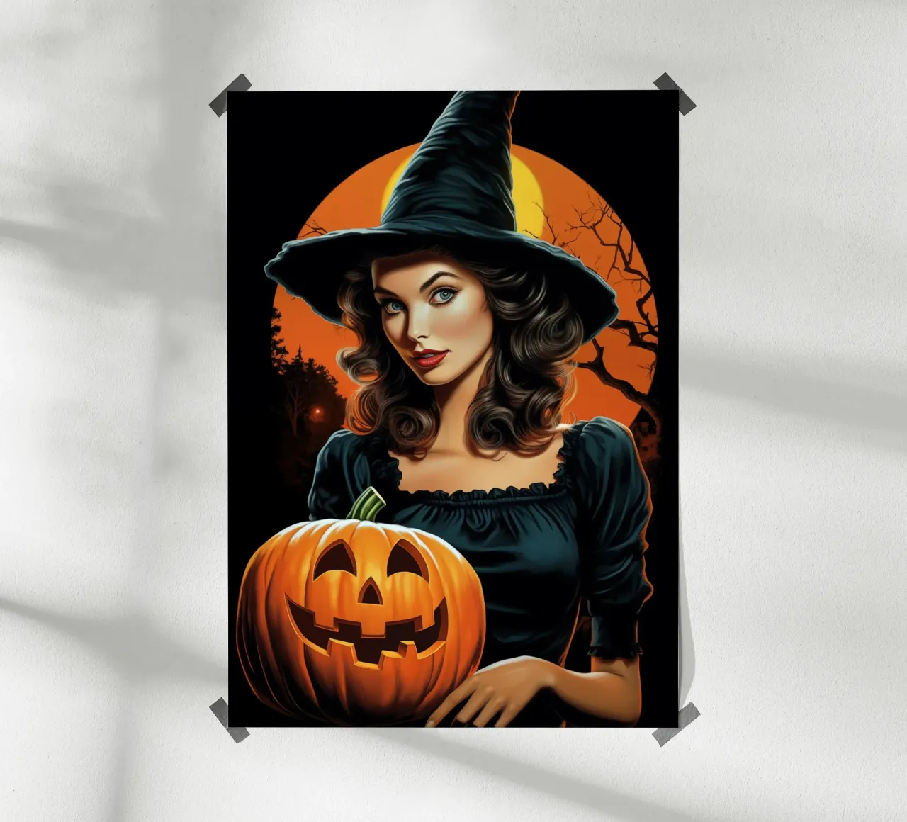 Strega e zucca di Halloween vintage retrò poster con telaio in legno da Fleur de Lys