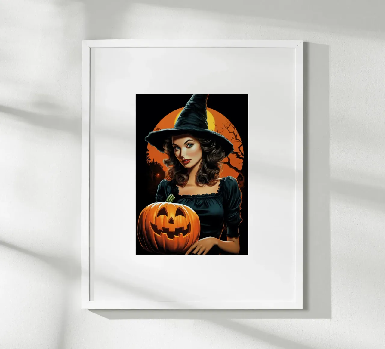 Strega e zucca di Halloween vintage retrò poster con telaio in legno da Fleur de Lys