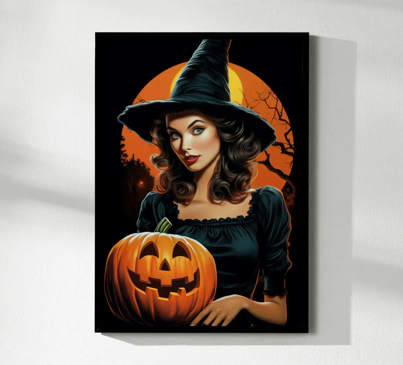 Strega e zucca di Halloween vintage retrò poster con telaio in legno da Fleur de Lys