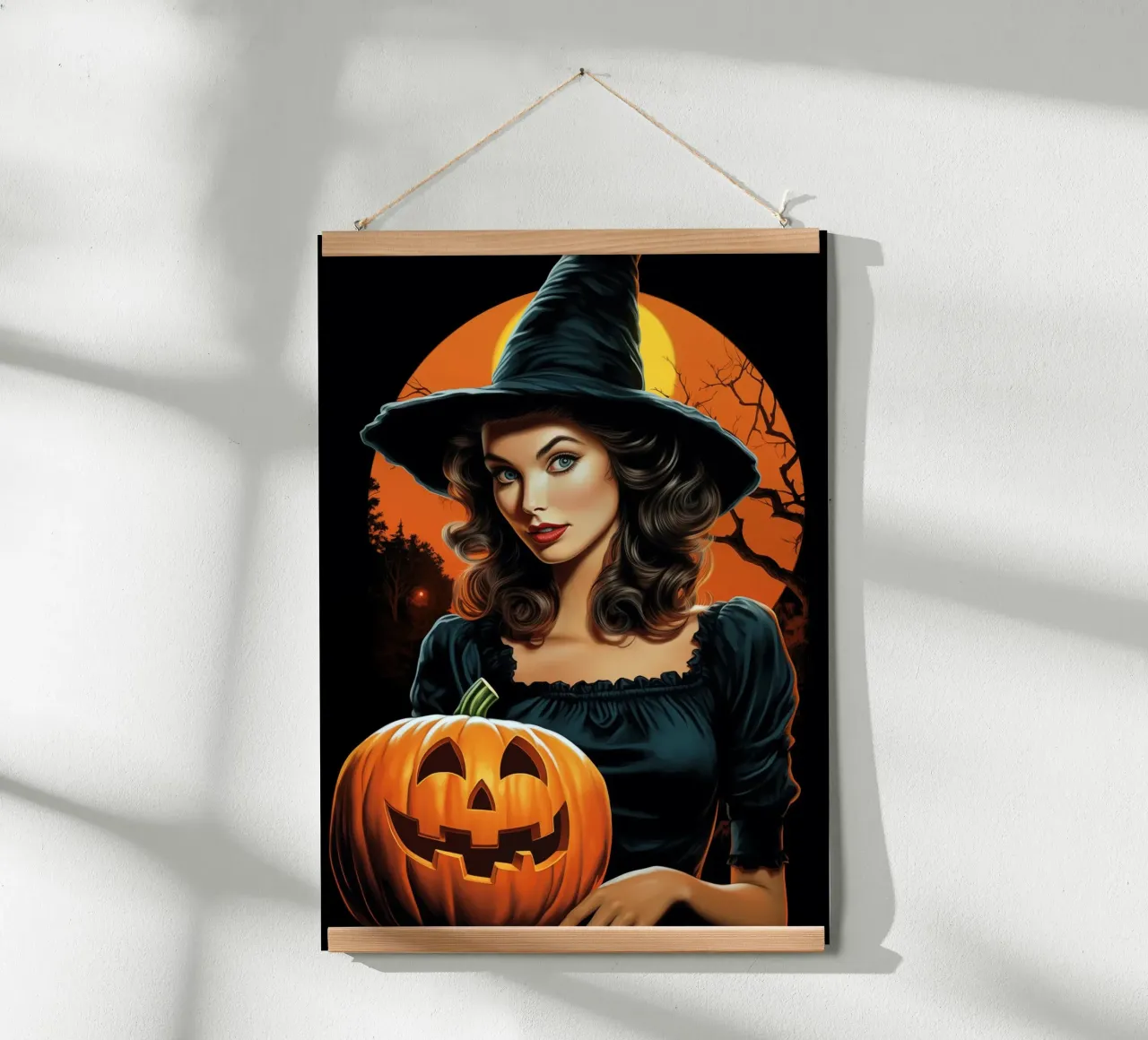 Strega e zucca di Halloween vintage retrò poster con telaio in legno da Fleur de Lys