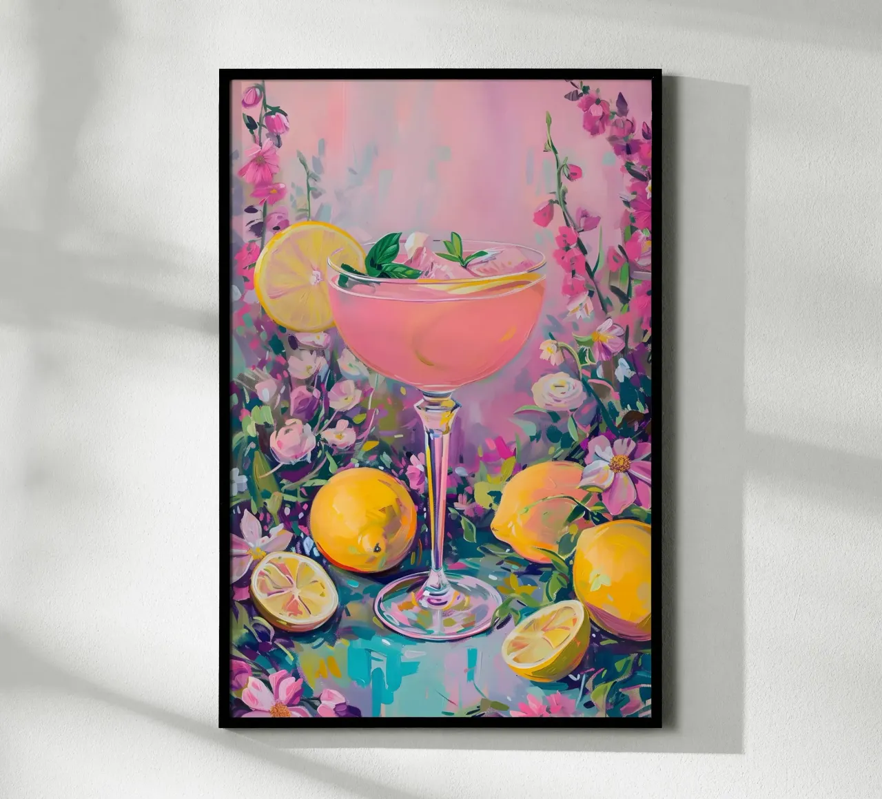 Bevanda con limoni e fiori poster con telaio in plastica da Yaso Design & Art