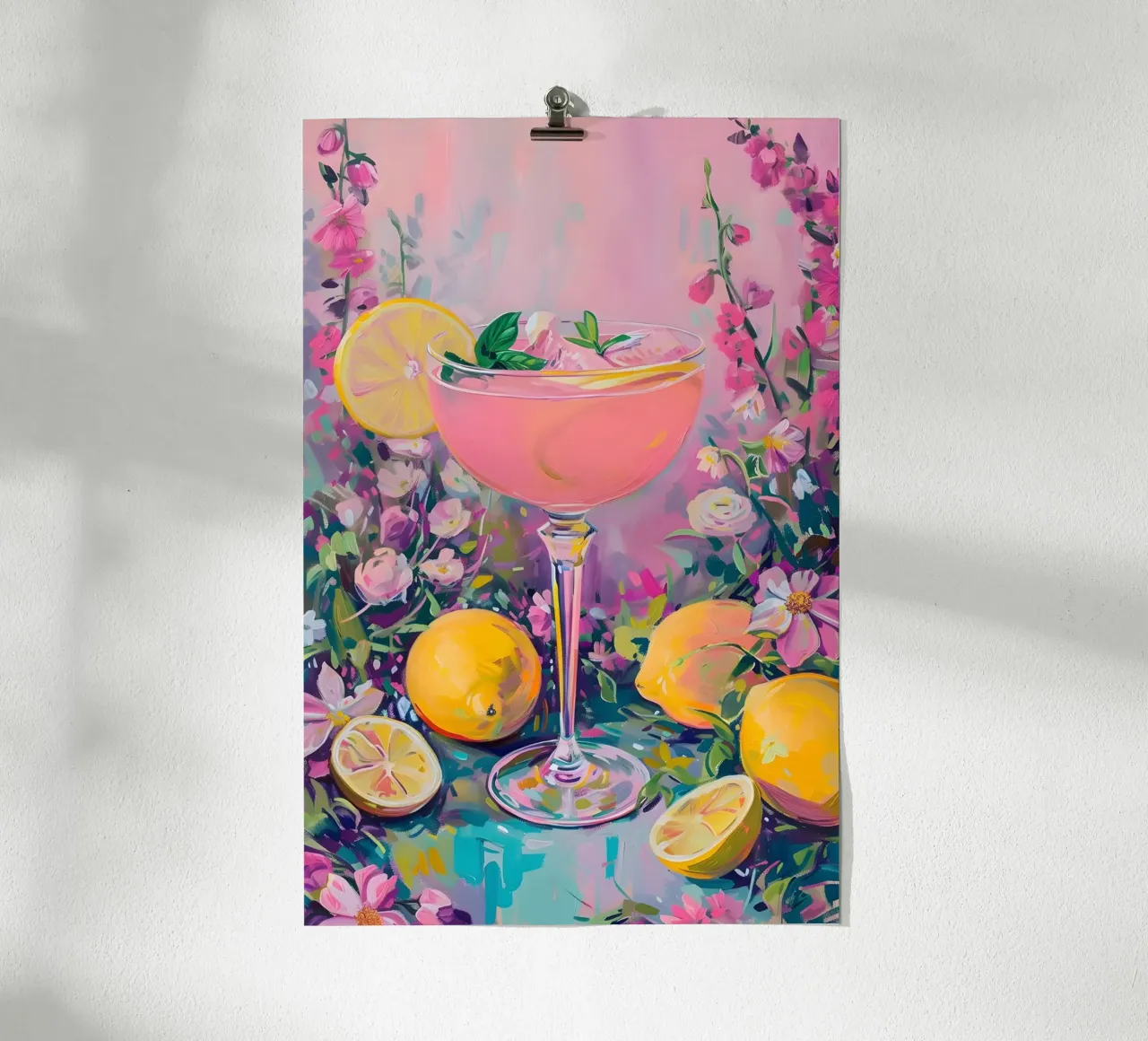 Bevanda con limoni e fiori poster con telaio in plastica da Yaso Design & Art