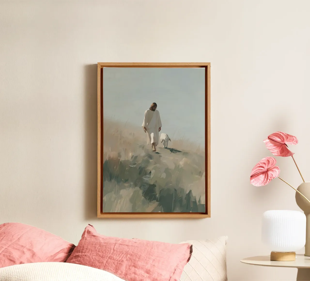 Jesus and the Lamb, The Good Shepherd, Modern Art canvas with Floater frame by vintagepod