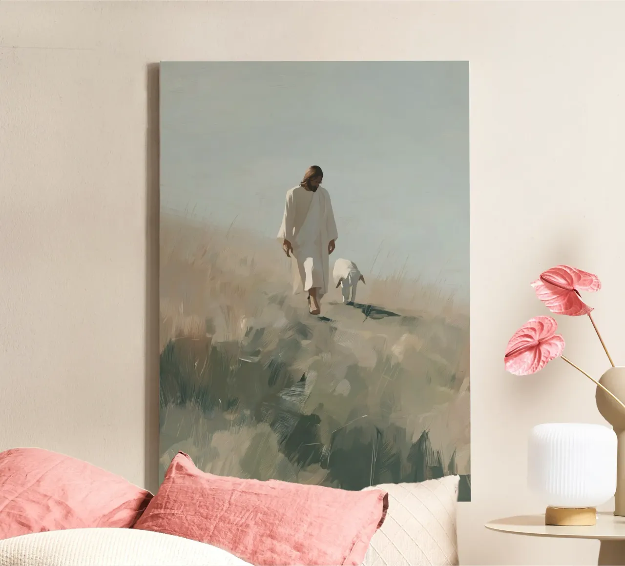 Jesus and the Lamb, The Good Shepherd, Modern Art canvas with Floater frame by vintagepod