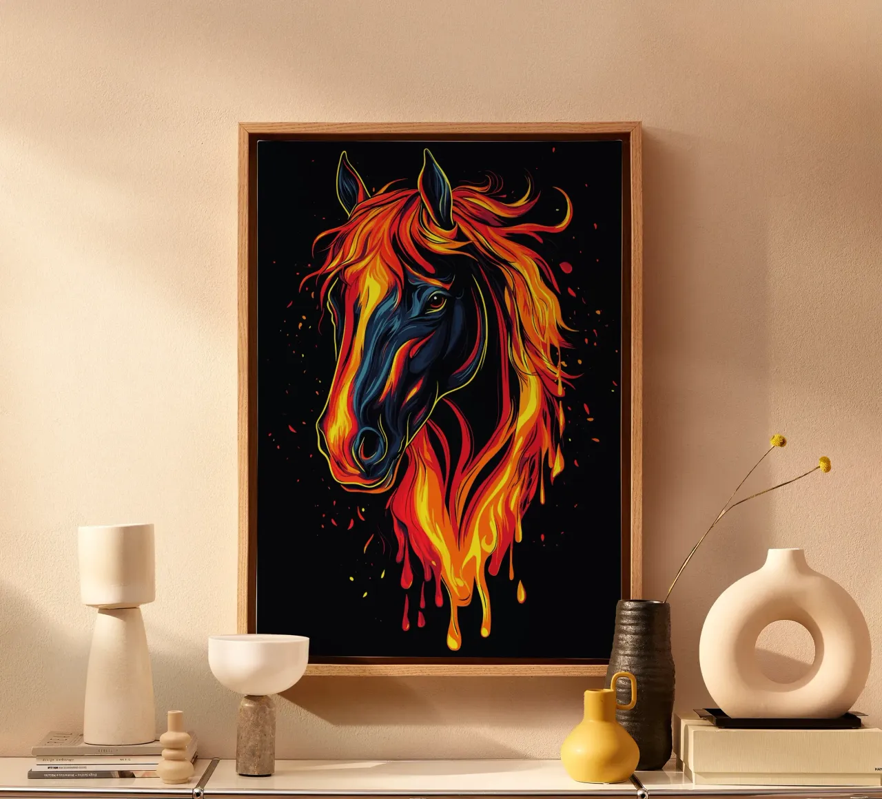 Caballo de fuego con crines llameantes lienzo con Marco flotante de pixelbull - medieval art and more