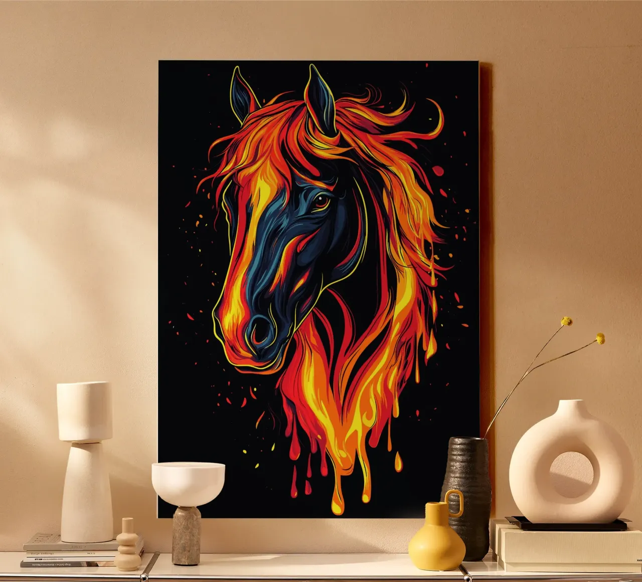 Caballo de fuego con crines llameantes lienzo con Marco flotante de pixelbull - medieval art and more