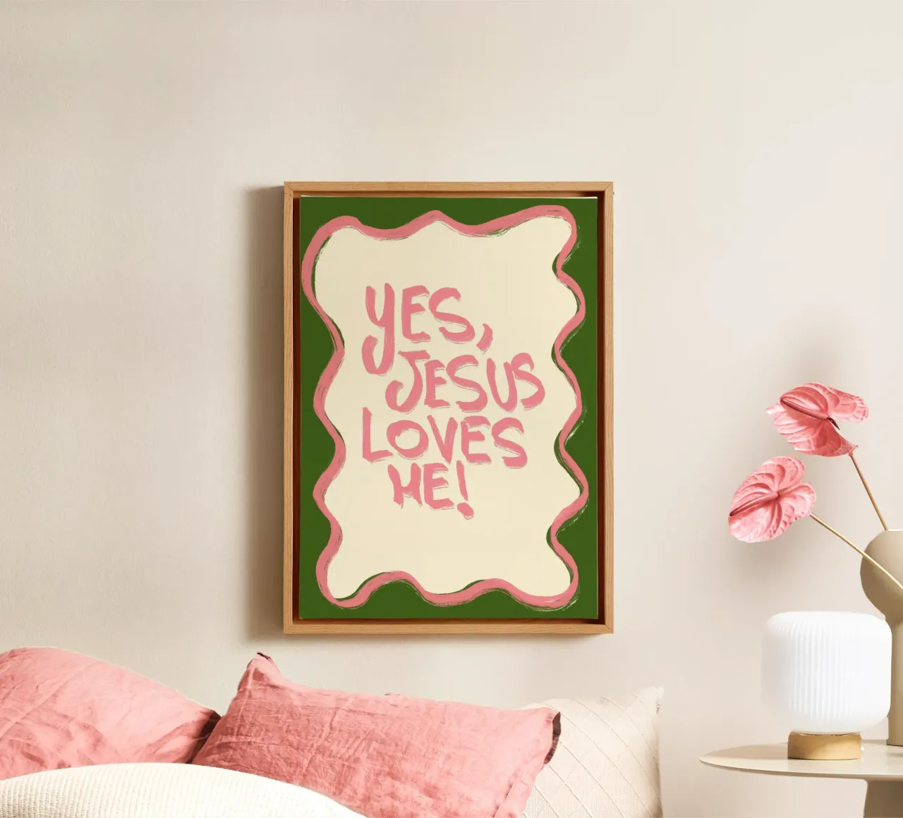Oui Jésus m'aime, art chrétien rose et vert toile avec Caisse américaine de vintagepod