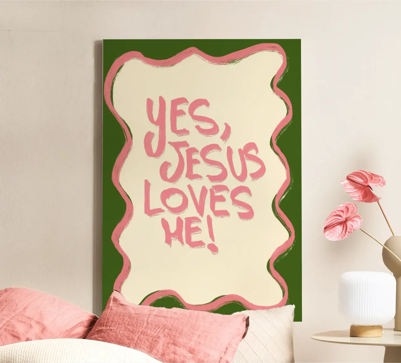 Oui Jésus m'aime, art chrétien rose et vert toile avec Caisse américaine de vintagepod
