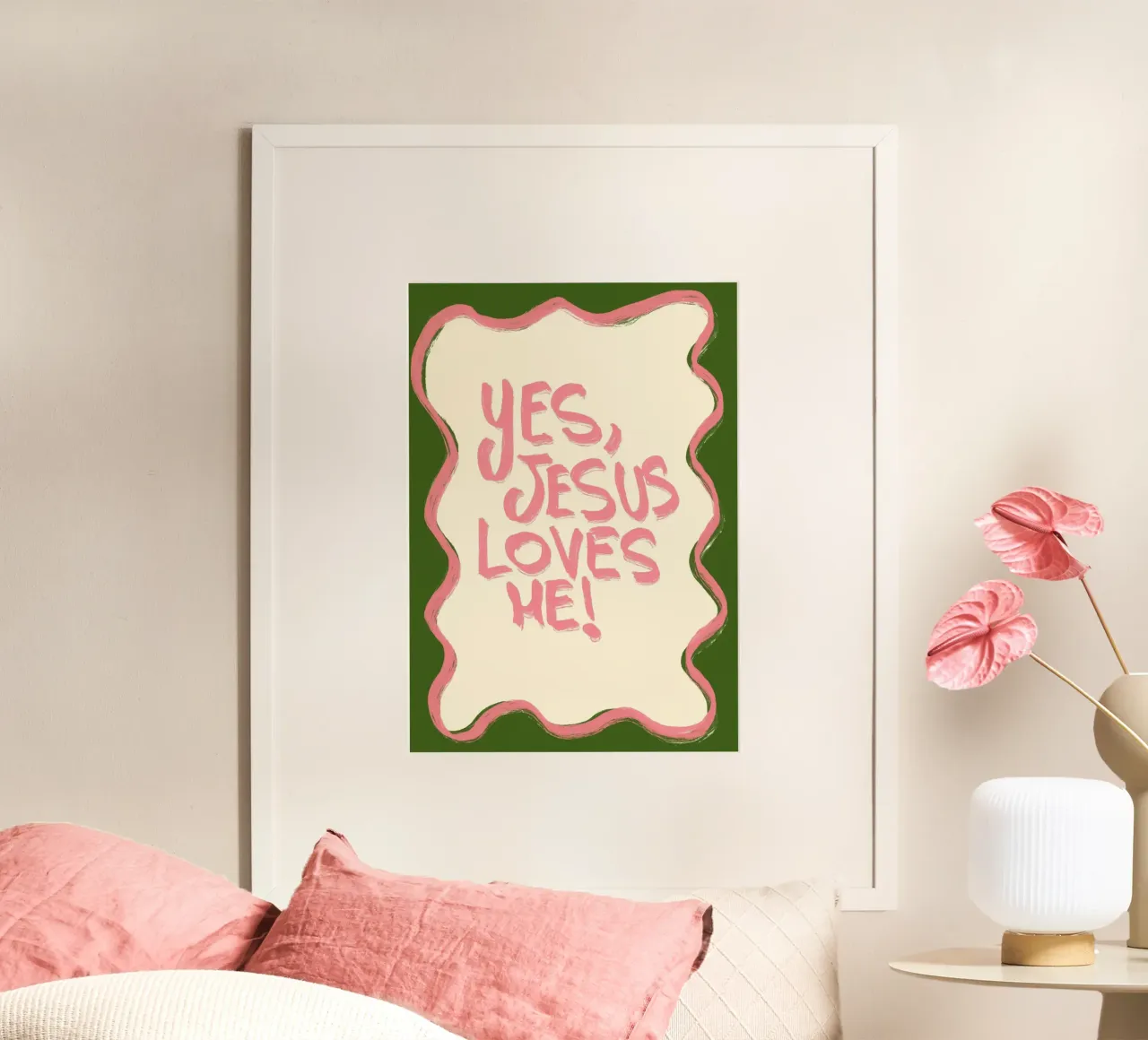 Oui Jésus m'aime, art chrétien rose et vert poster de vintagepod