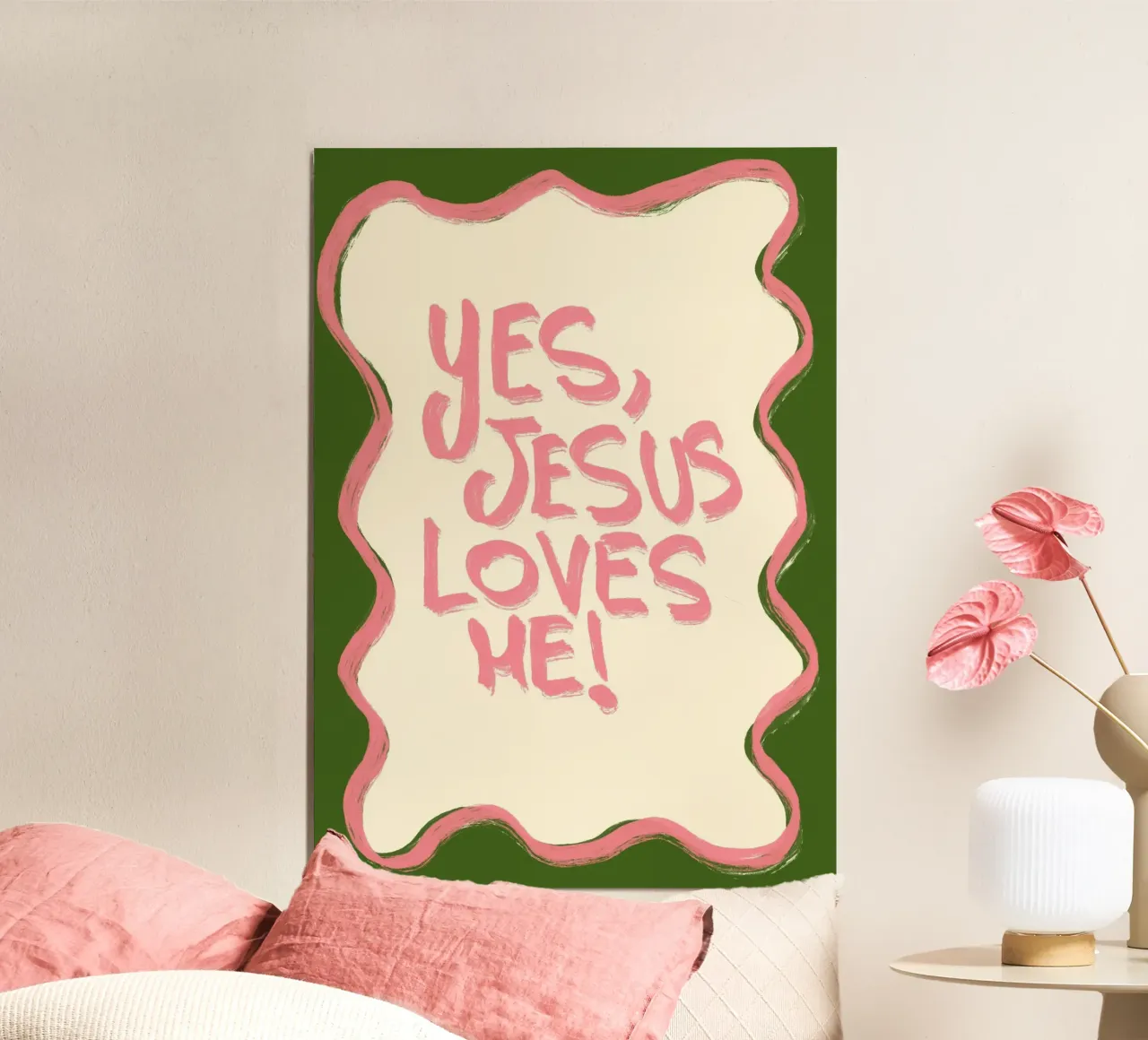 Oui Jésus m'aime, art chrétien rose et vert poster de vintagepod