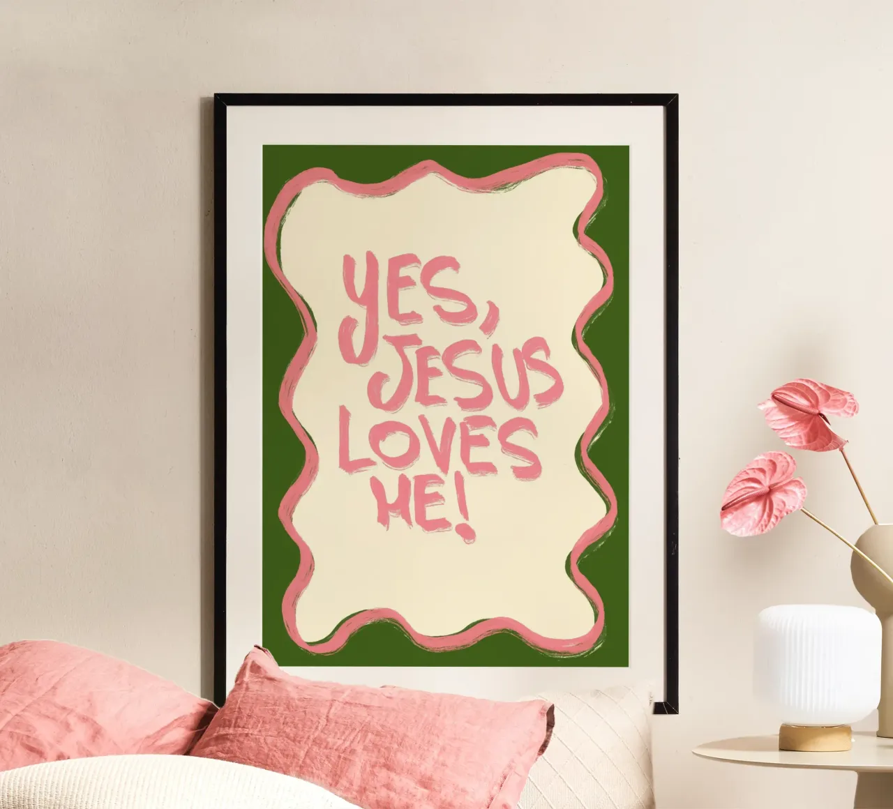 Oui Jésus m'aime, art chrétien rose et vert poster de vintagepod