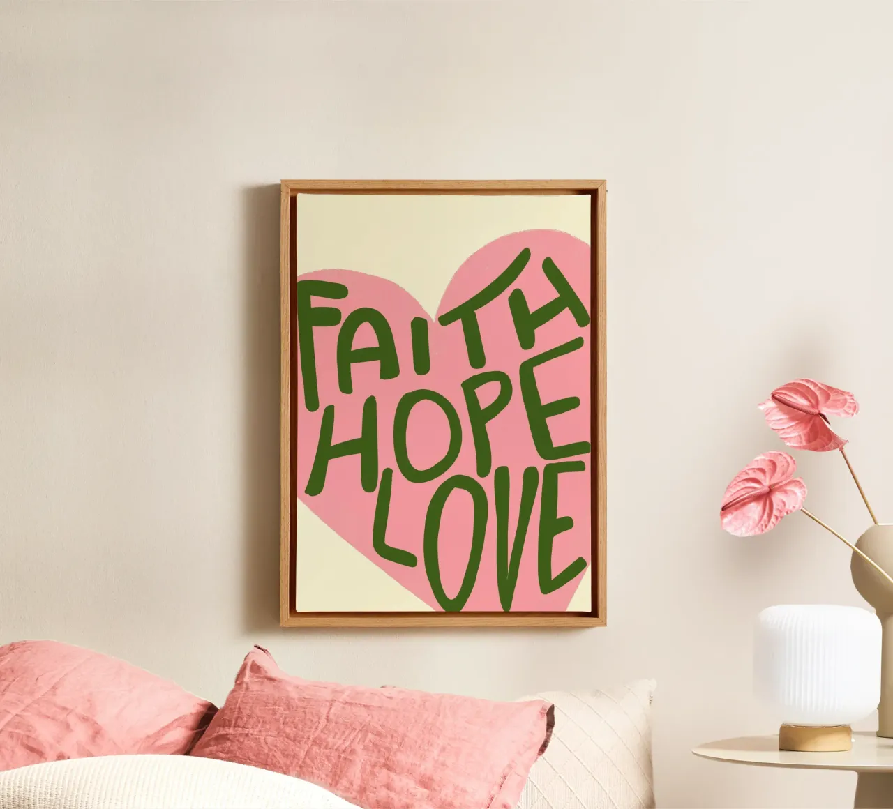 Glaube Hoffnung Liebe, Moderne Christliche Herz Kunst Leinwand mit Schattenfugenrahmen von vintagepod