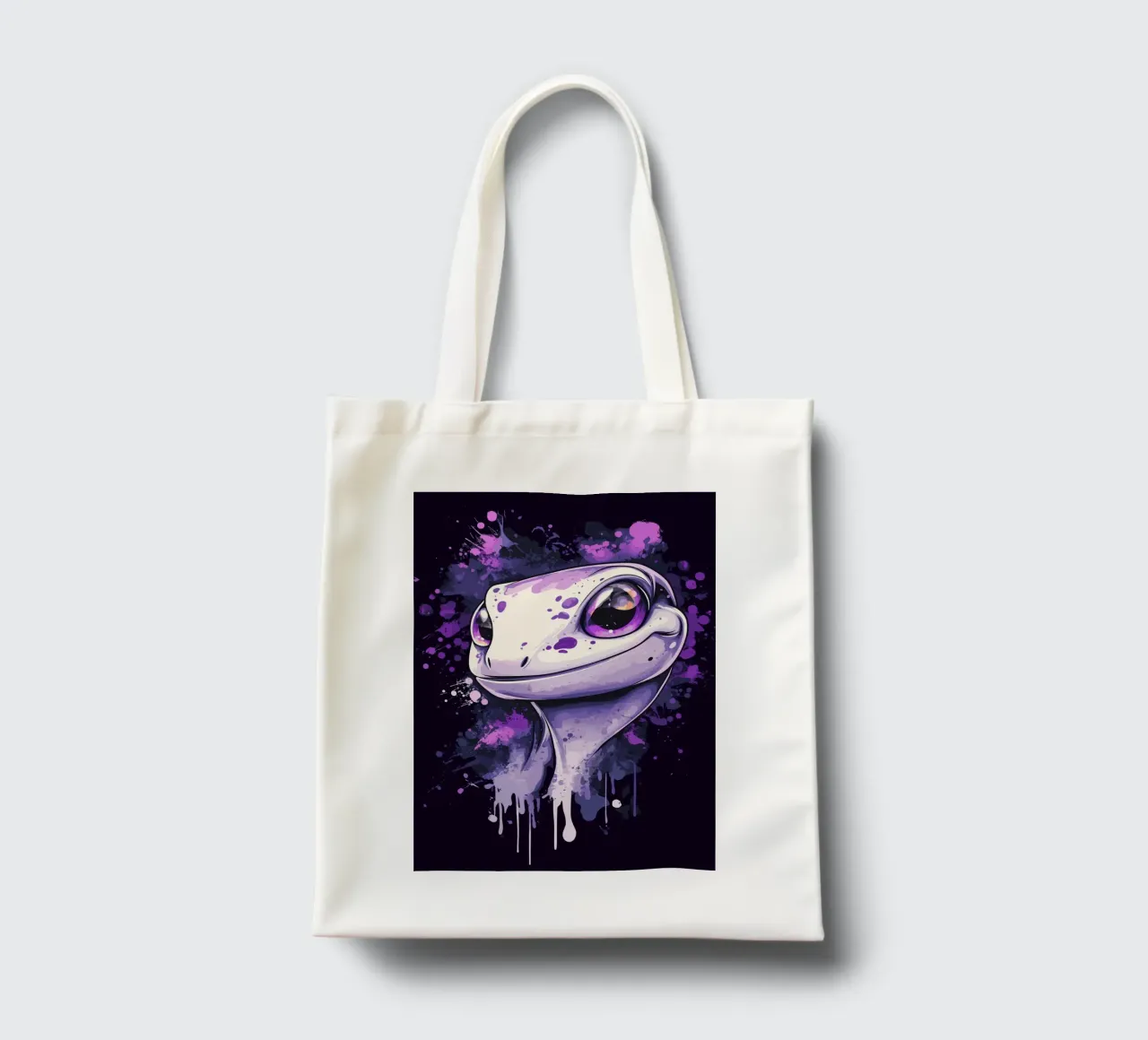Geco sorridente in look splash viola borsa in juta da pixelbull - medieval art and more
