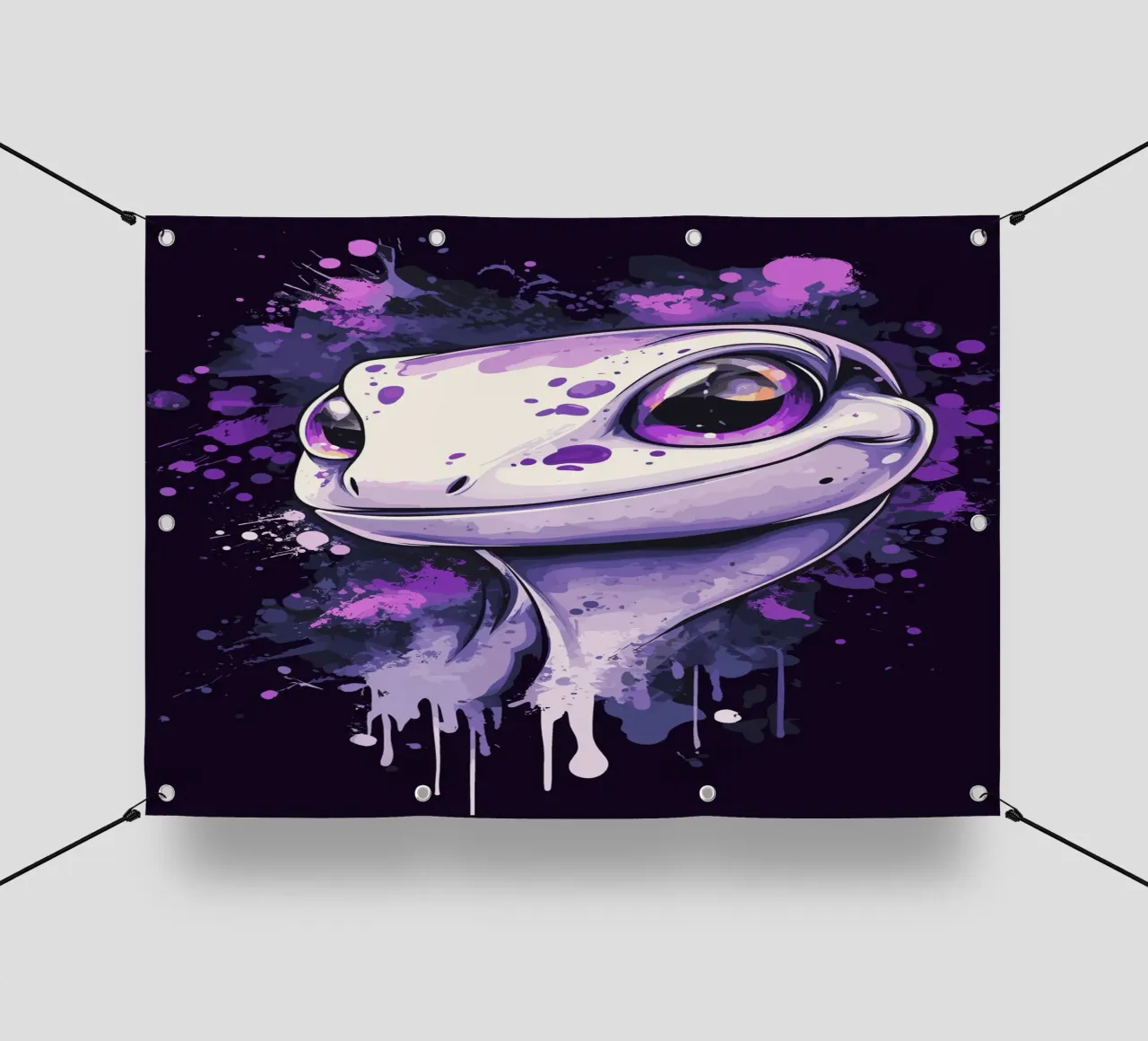 Geco sorridente in look splash viola telo in pvc da pixelbull - medieval art and more