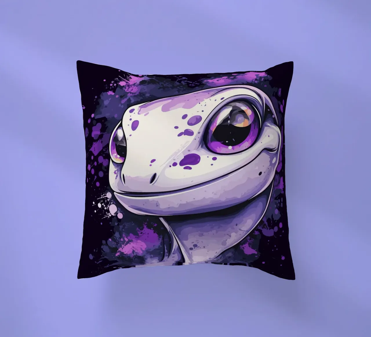 Geco sorridente in look splash viola cuscino da pixelbull - medieval art and more