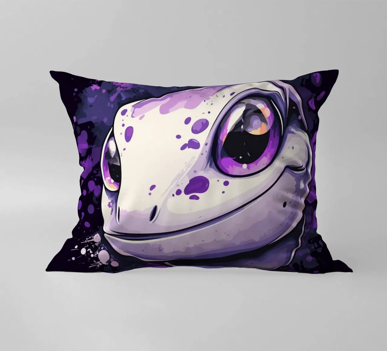 Geco sorridente in look splash viola cuscino da pixelbull - medieval art and more