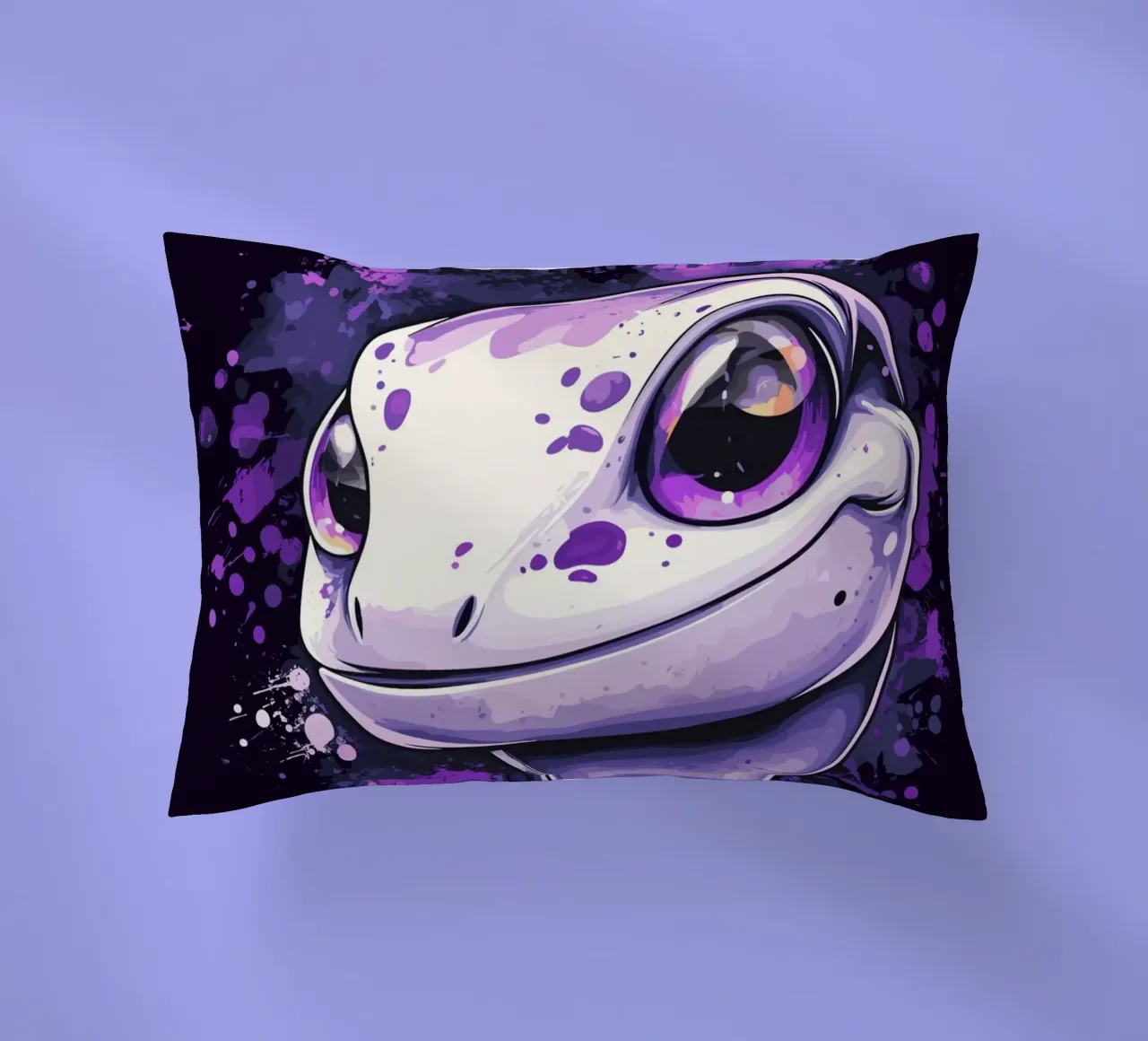 Geco sorridente in look splash viola cuscino da pixelbull - medieval art and more