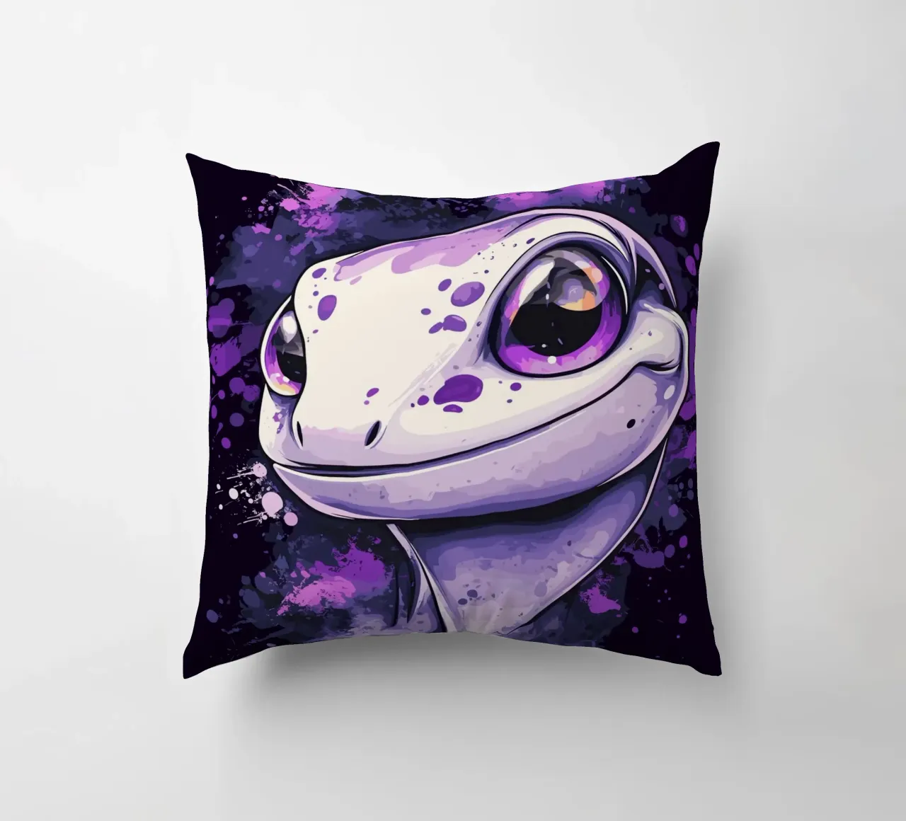 Geco sorridente in look splash viola cuscino da pixelbull - medieval art and more