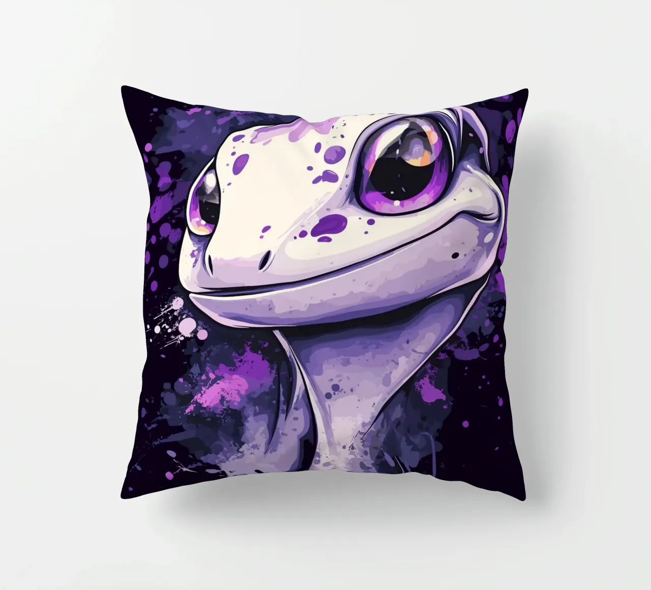 Geco sorridente in look splash viola cuscino da pixelbull - medieval art and more