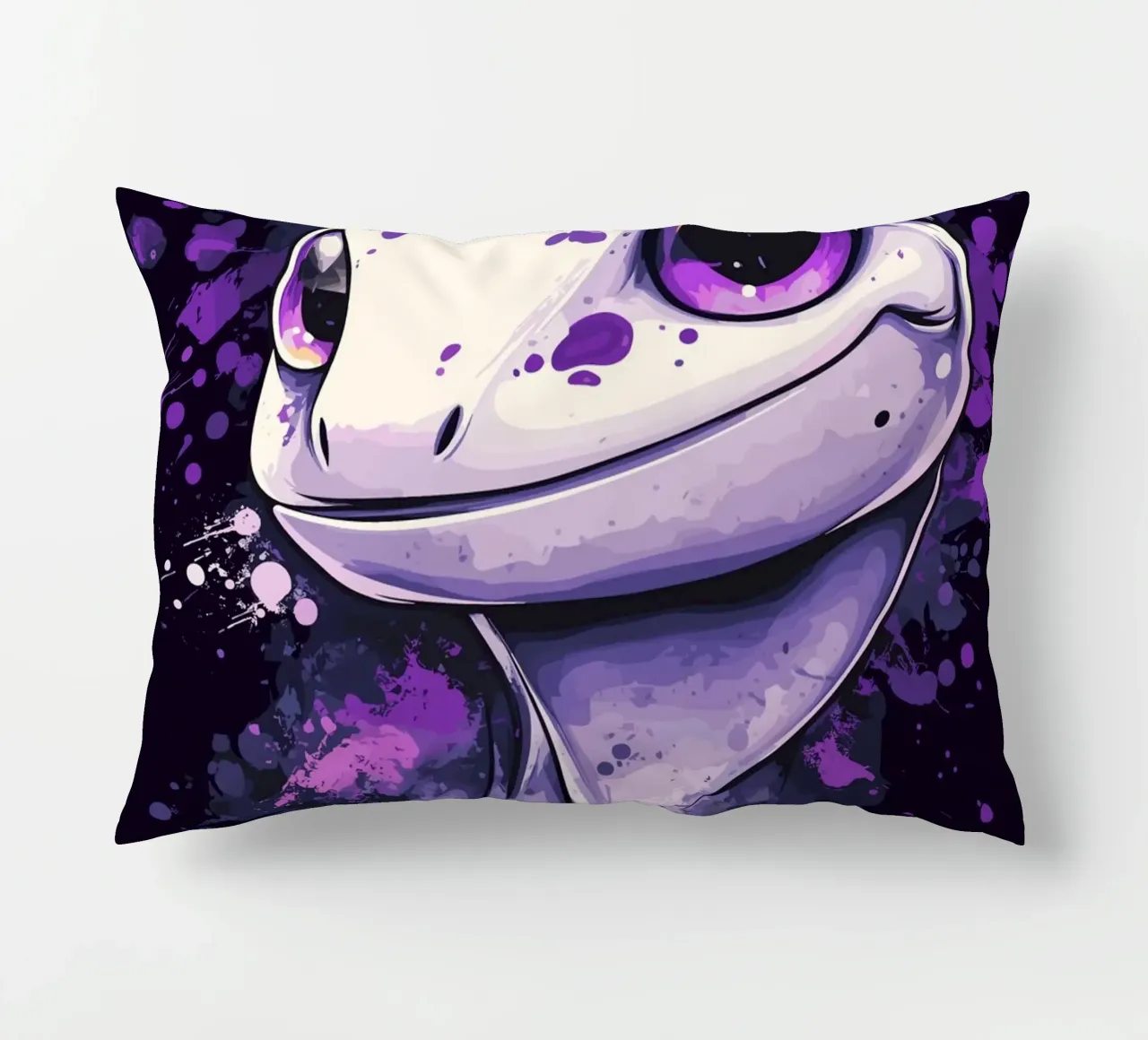 Geco sorridente in look splash viola cuscino da pixelbull - medieval art and more