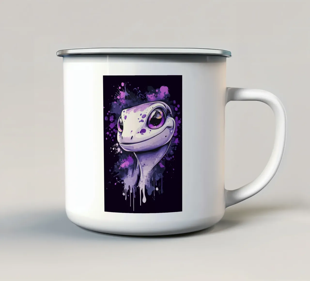 Geco sorridente in look splash viola tazza in smalto da pixelbull - medieval art and more