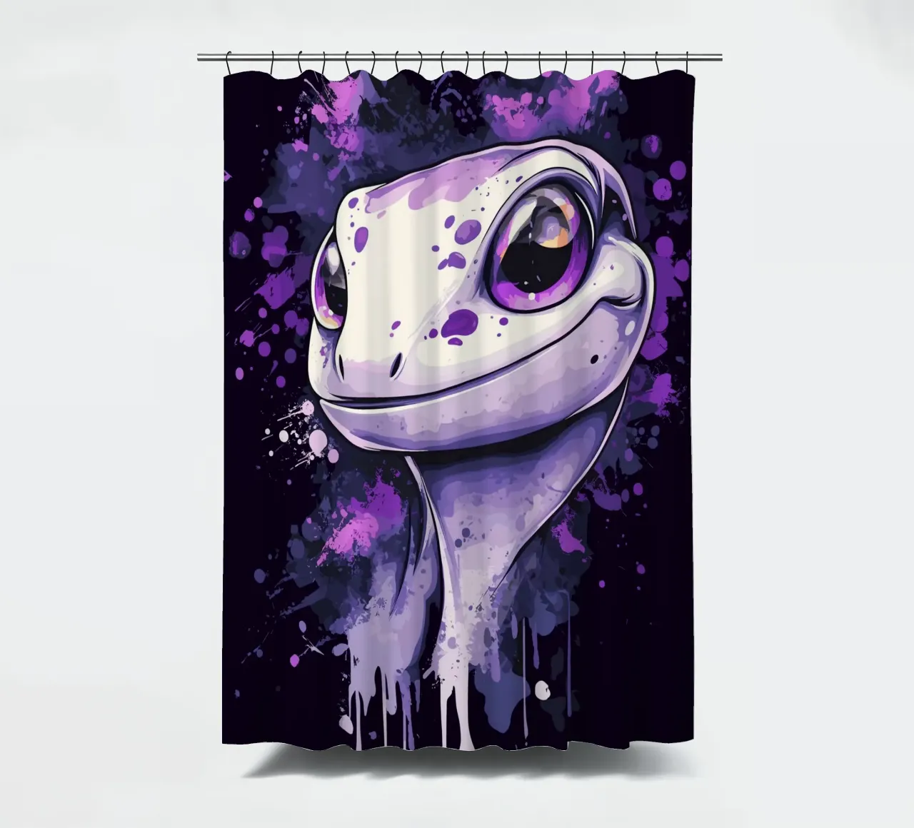 Geco sorridente in look splash viola tenda da doccia da pixelbull - medieval art and more