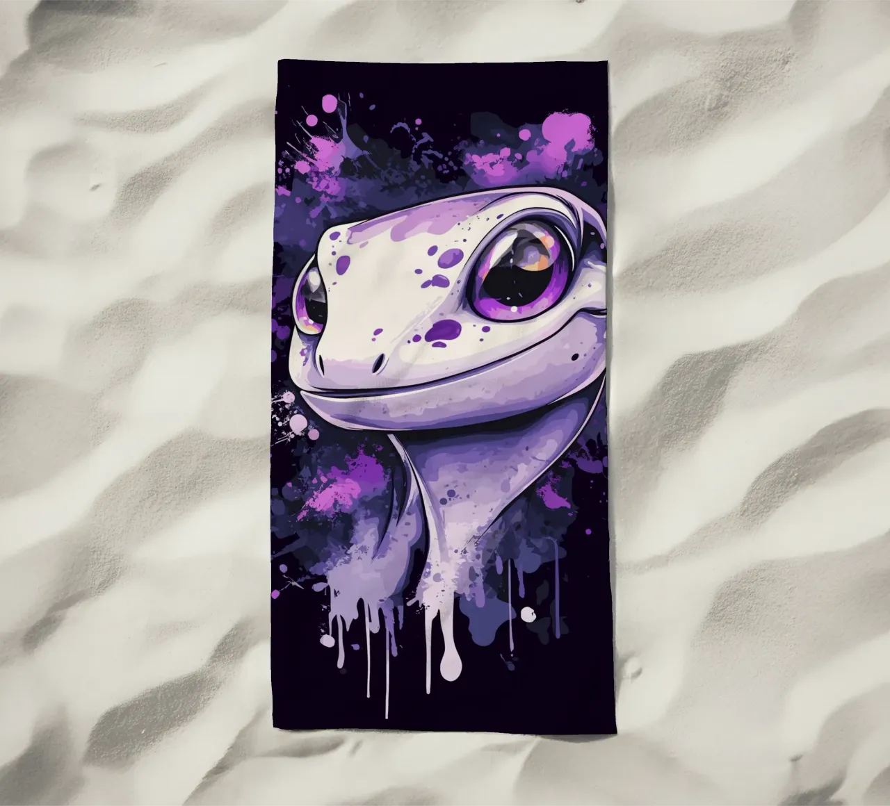 Geco sorridente in look splash viola telo mare da pixelbull - medieval art and more