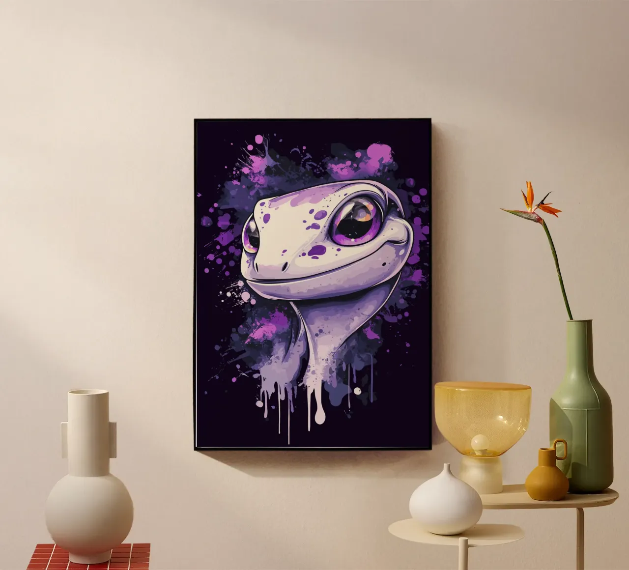Geco sorridente in look splash viola plexiglass da pixelbull - medieval art and more