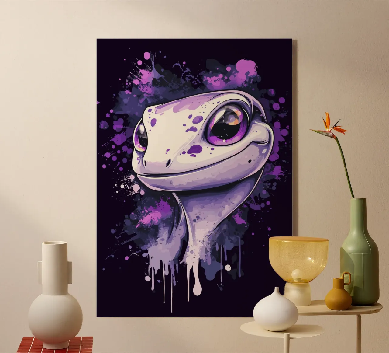 Geco sorridente in look splash viola plexiglass da pixelbull - medieval art and more