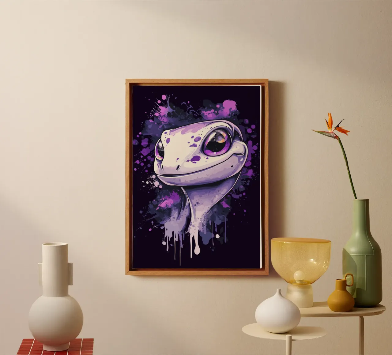 Geco sorridente in look splash viola tela da pixelbull - medieval art and more