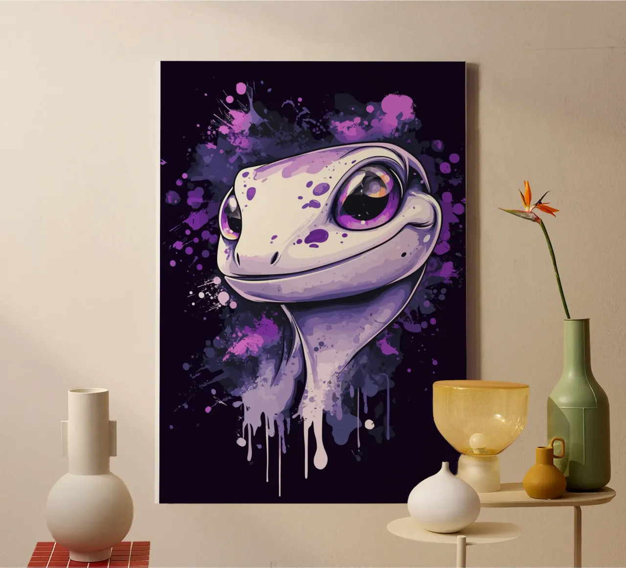 Geco sorridente in look splash viola tela da pixelbull - medieval art and more