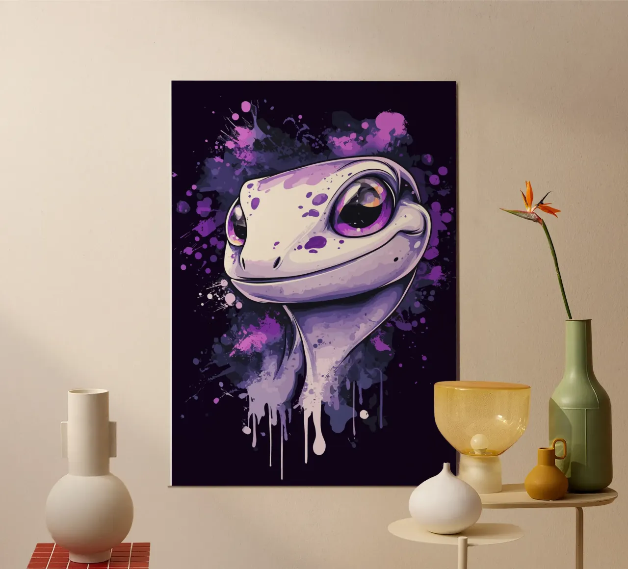 Geco sorridente in look splash viola poster con telaio in plastica da pixelbull - medieval art and more