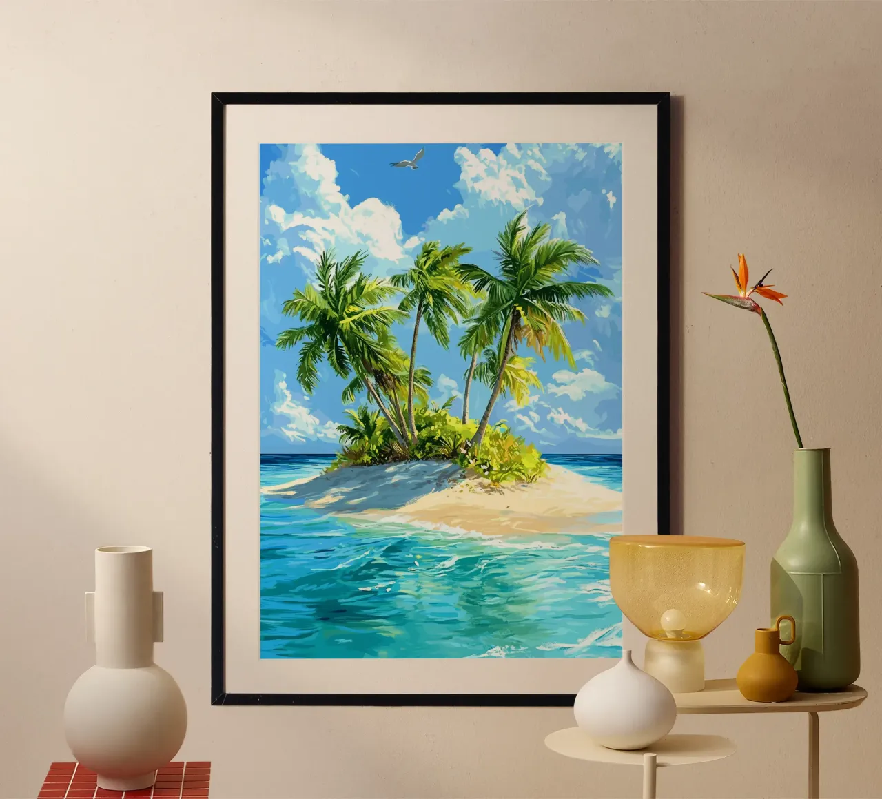 Isola tropicale con palme nell'oceano poster con telaio in alluminio da pixelbull - medieval art and more