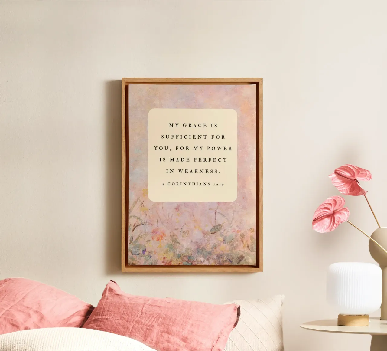 2 Korintiërs 12:9 Bijbelvers Kunst, Bloemrijke Christelijke Print canvas met Baklijst van vintagepod