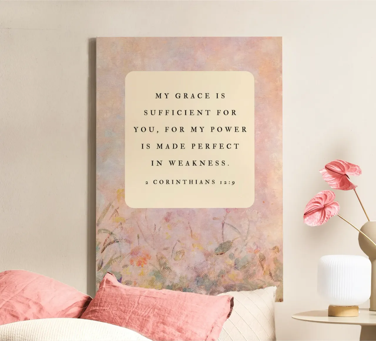 2 Korintiërs 12:9 Bijbelvers Kunst, Bloemrijke Christelijke Print canvas met Baklijst van vintagepod