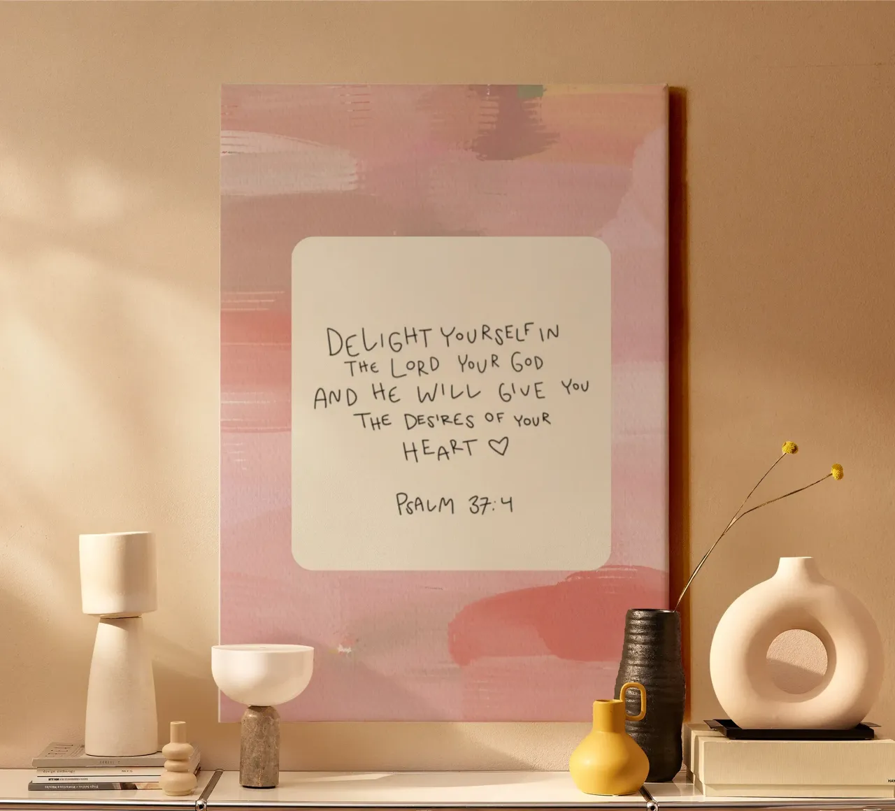Psalm 37:4 "Vermaak jezelf" Moderne Christelijke Kunst canvas met Baklijst van vintagepod