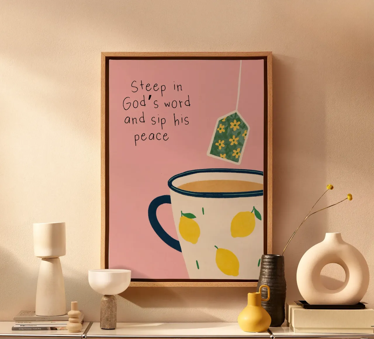 Steep in God's Word, Tea Time Christian Art Leinwand mit Schattenfugenrahmen von vintagepod