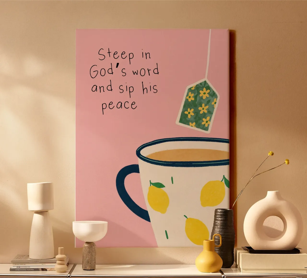 Steep in God's Word, Tea Time Christian Art Leinwand mit Schattenfugenrahmen von vintagepod