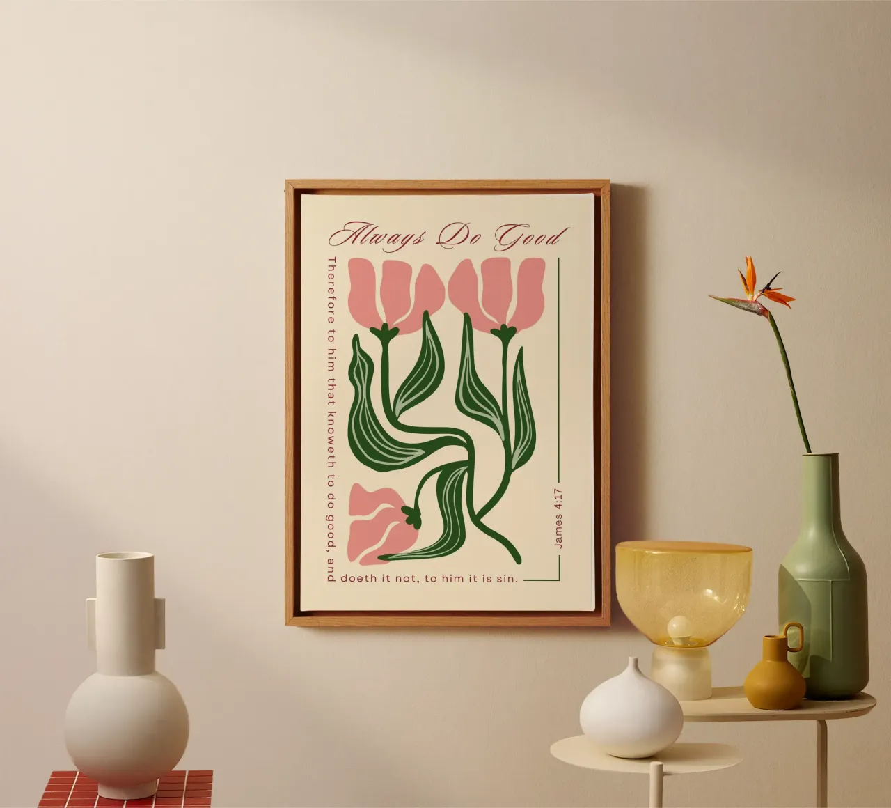 "Doe altijd goed" Jakobus 4:17, Christelijke Bloemsierkunst canvas met Baklijst van vintagepod