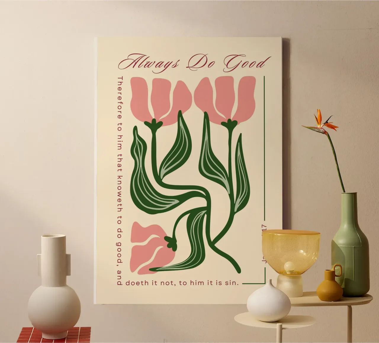 "Doe altijd goed" Jakobus 4:17, Christelijke Bloemsierkunst canvas met Baklijst van vintagepod