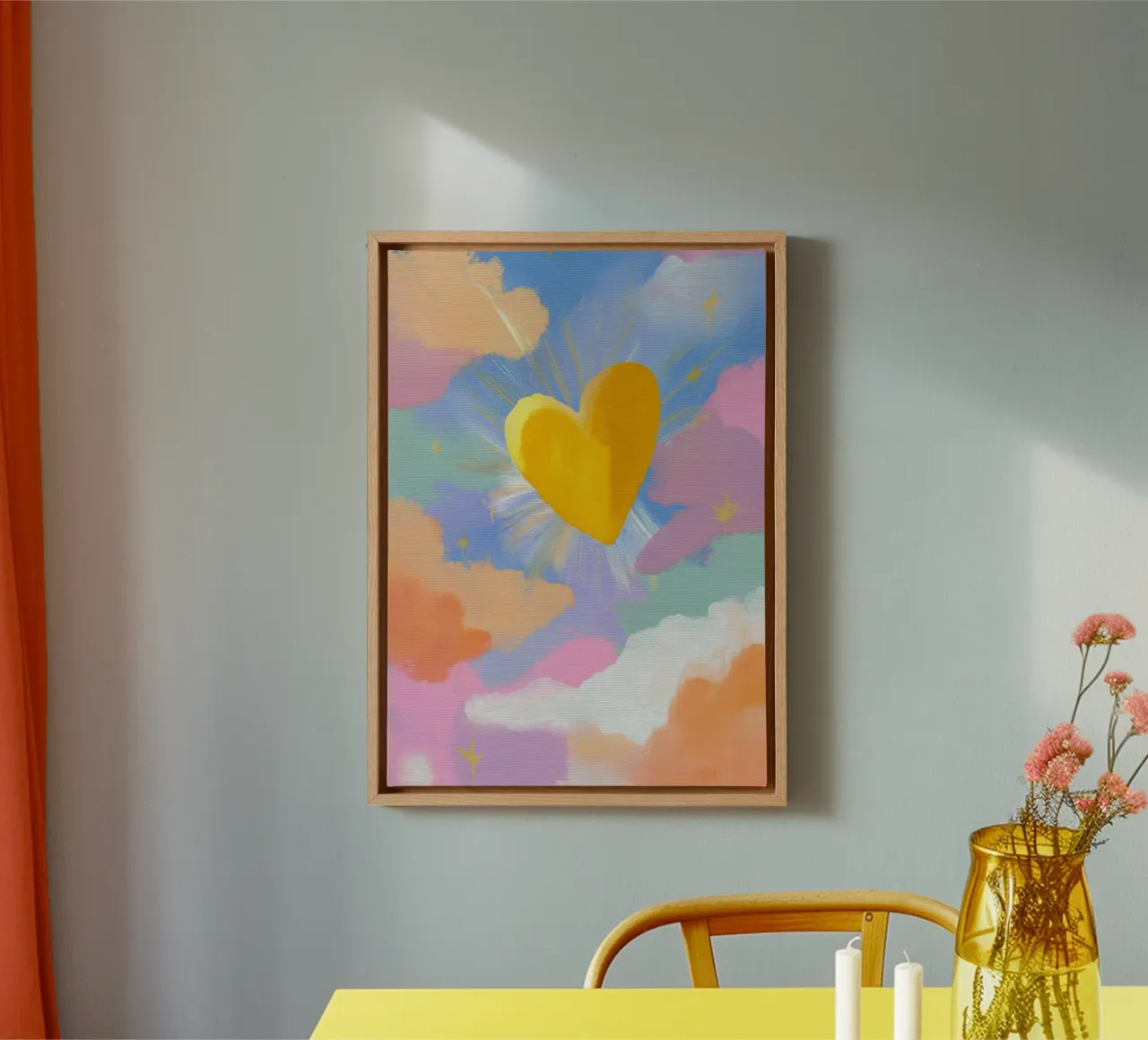 Golden Heart in Pastel Clouds, Abstract Art Print canvas with Floater frame by vintagepod