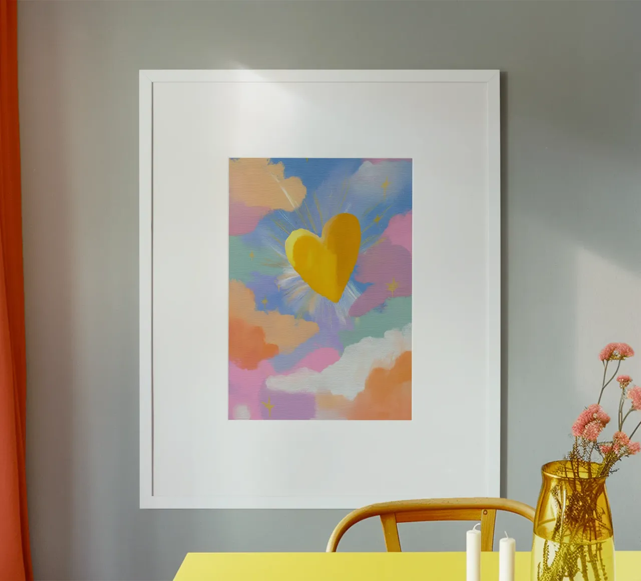 Golden Heart in Pastel Clouds, Abstract Art Print poster by vintagepod