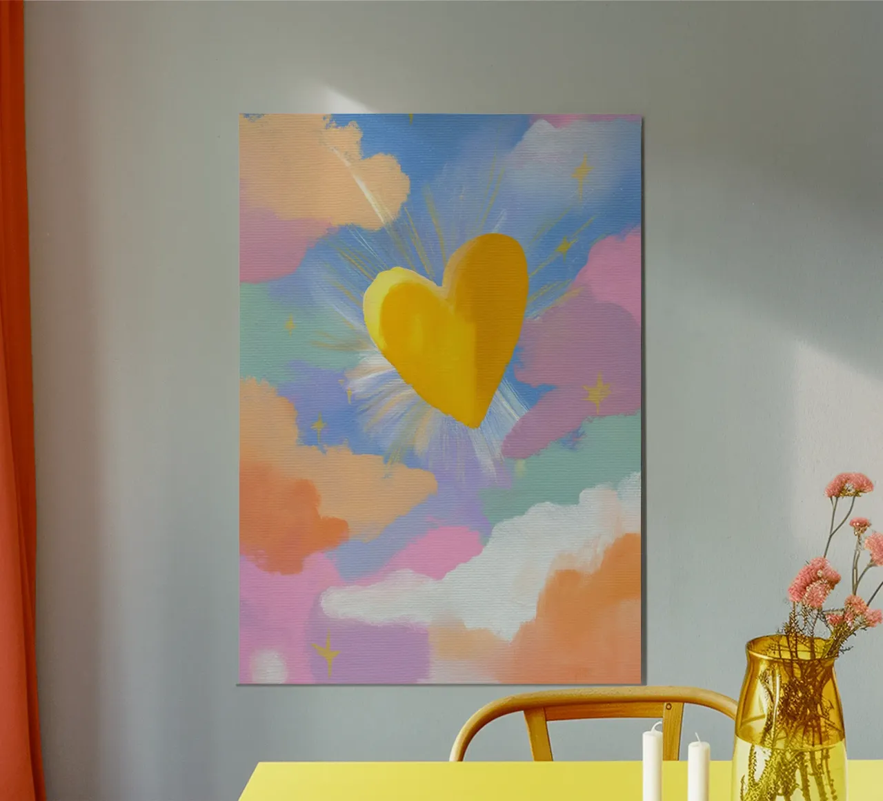 Golden Heart in Pastel Clouds, Abstract Art Print poster by vintagepod