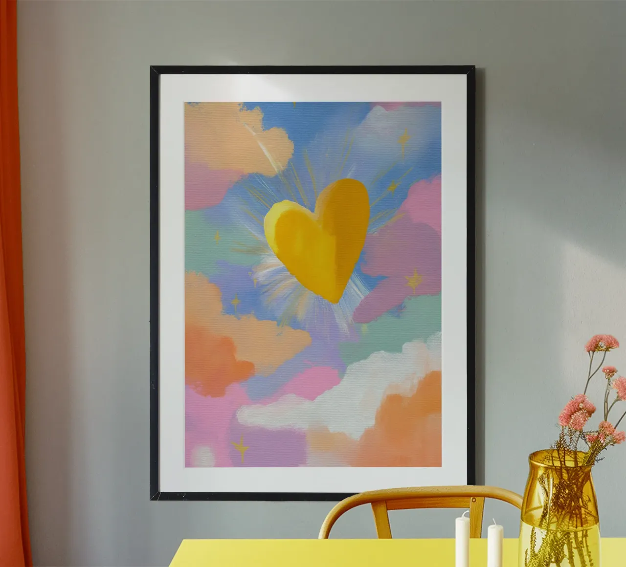Golden Heart in Pastel Clouds, Abstract Art Print poster by vintagepod