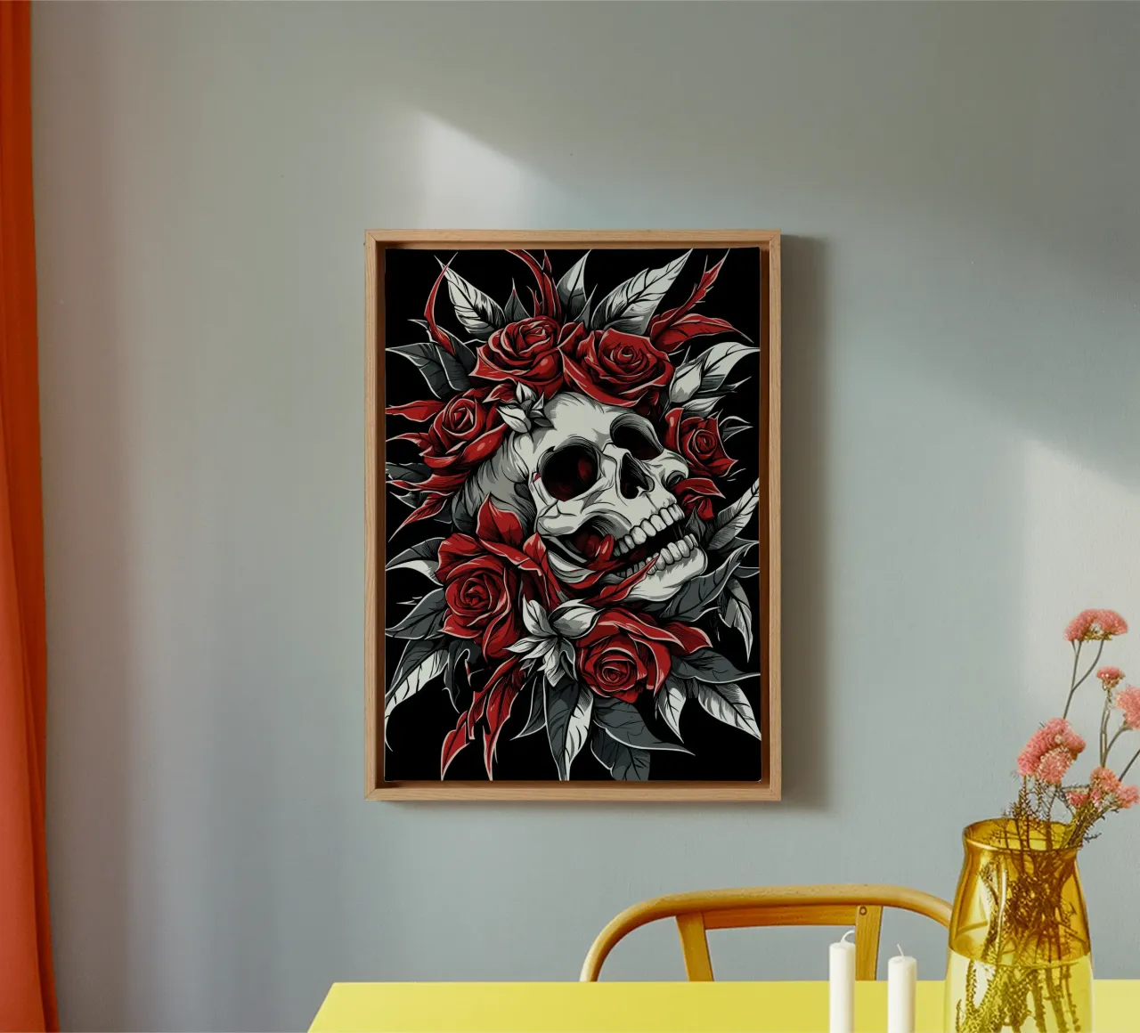 Skull with roses and thorns canvas with Floater frame by pixelbull - medieval art and more