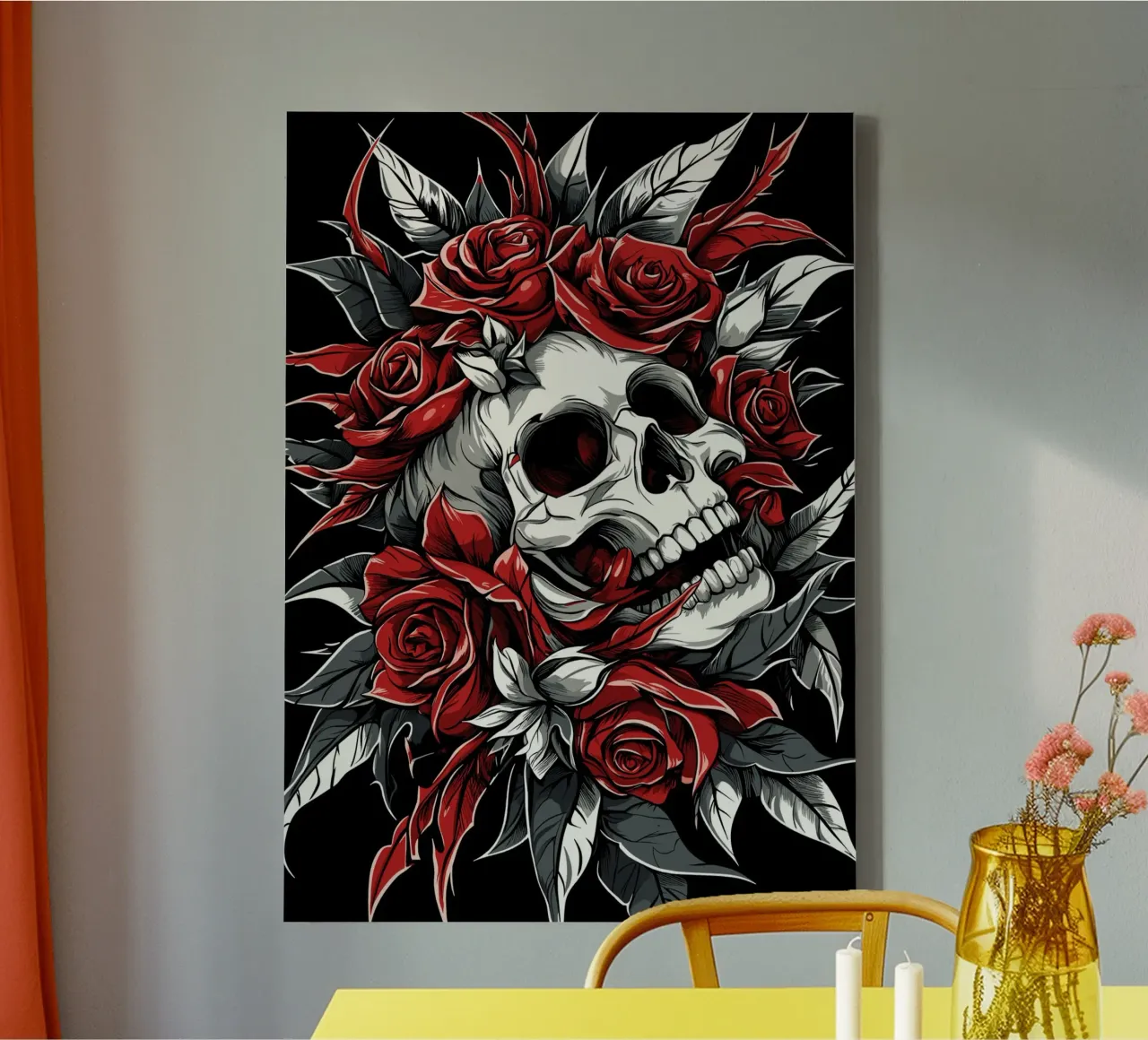 Skull with roses and thorns canvas with Floater frame by pixelbull - medieval art and more