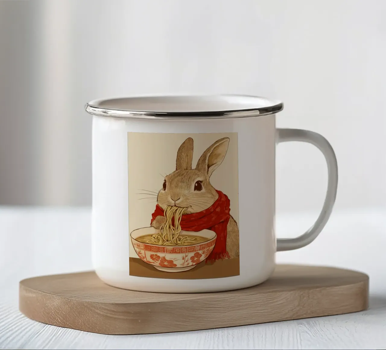 Coniglietto con sciarpa e ciotola di ramen tazza in smalto da pixelbull - medieval art and more