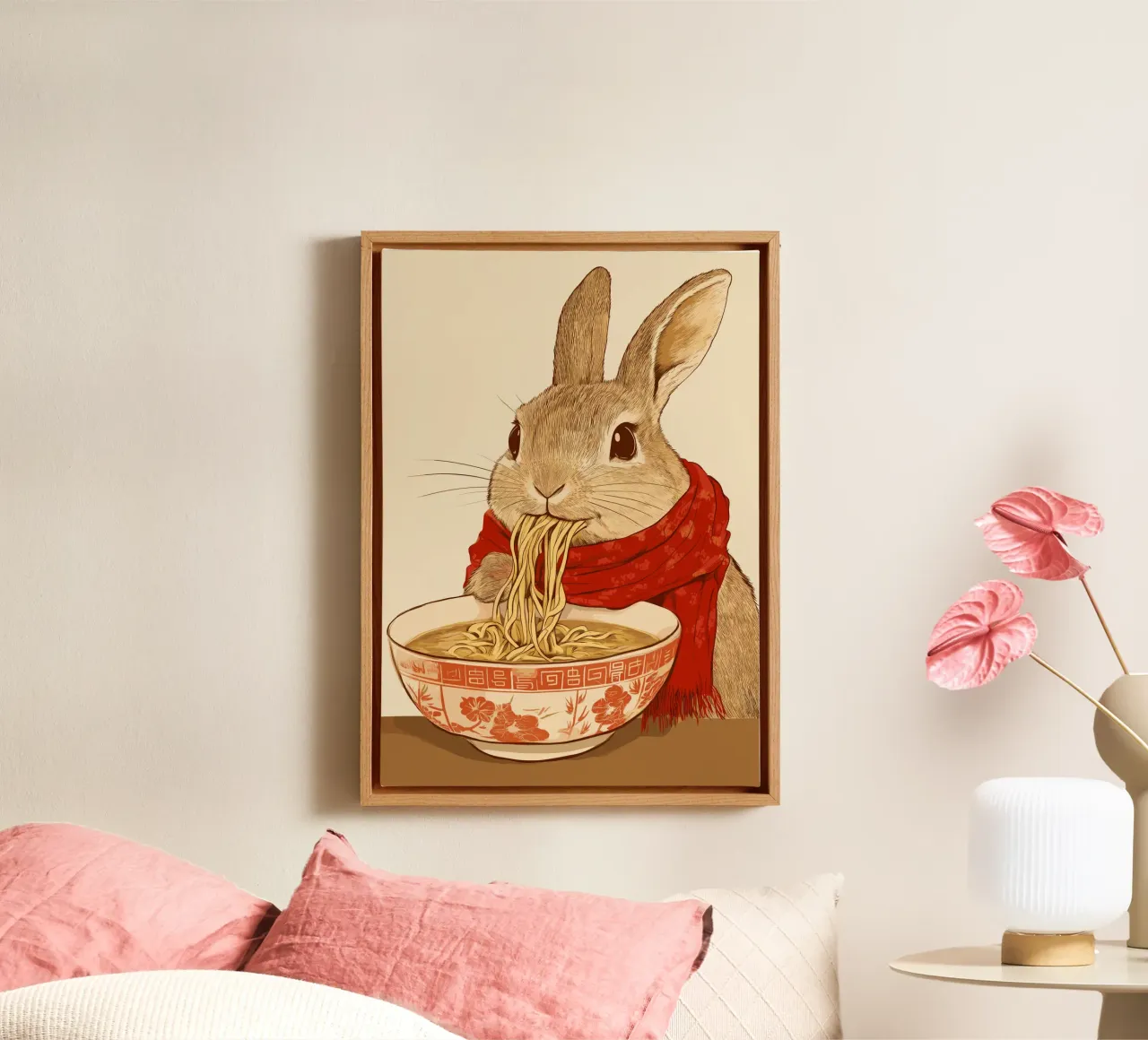 Bunny with scarf and ramen bowl canvas with Floater frame by pixelbull - medieval art and more