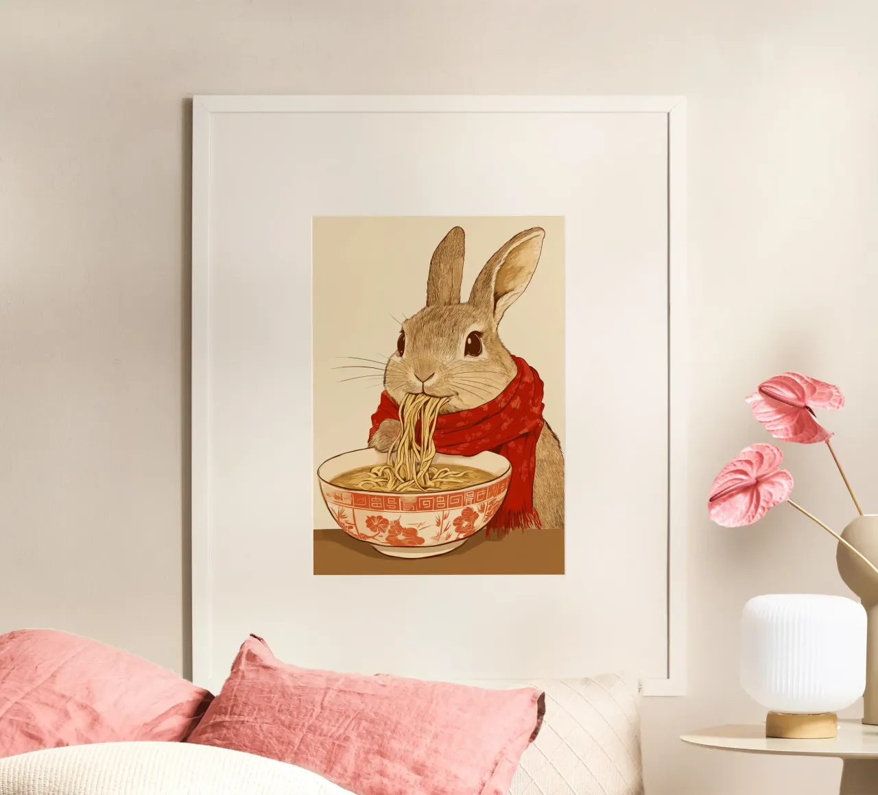 Coniglietto con sciarpa e ciotola di ramen poster con telaio in plastica da pixelbull - medieval art and more