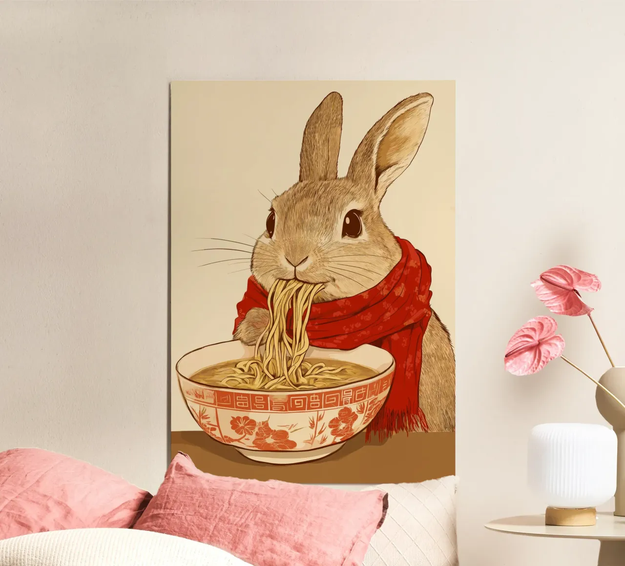 Coniglietto con sciarpa e ciotola di ramen poster con telaio in plastica da pixelbull - medieval art and more